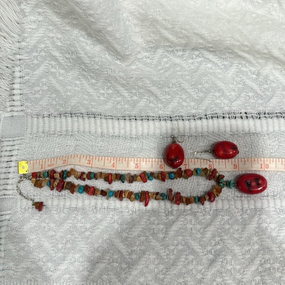 Red Coral, Raw Tiger Eyes, Turquoise & Agate stones Necklace earrings Set! - Picture 8 of 10